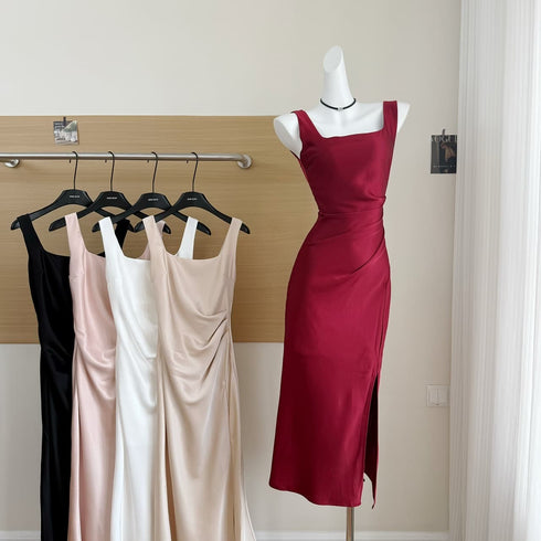 Square Neck Side Fold Split Satin Dress